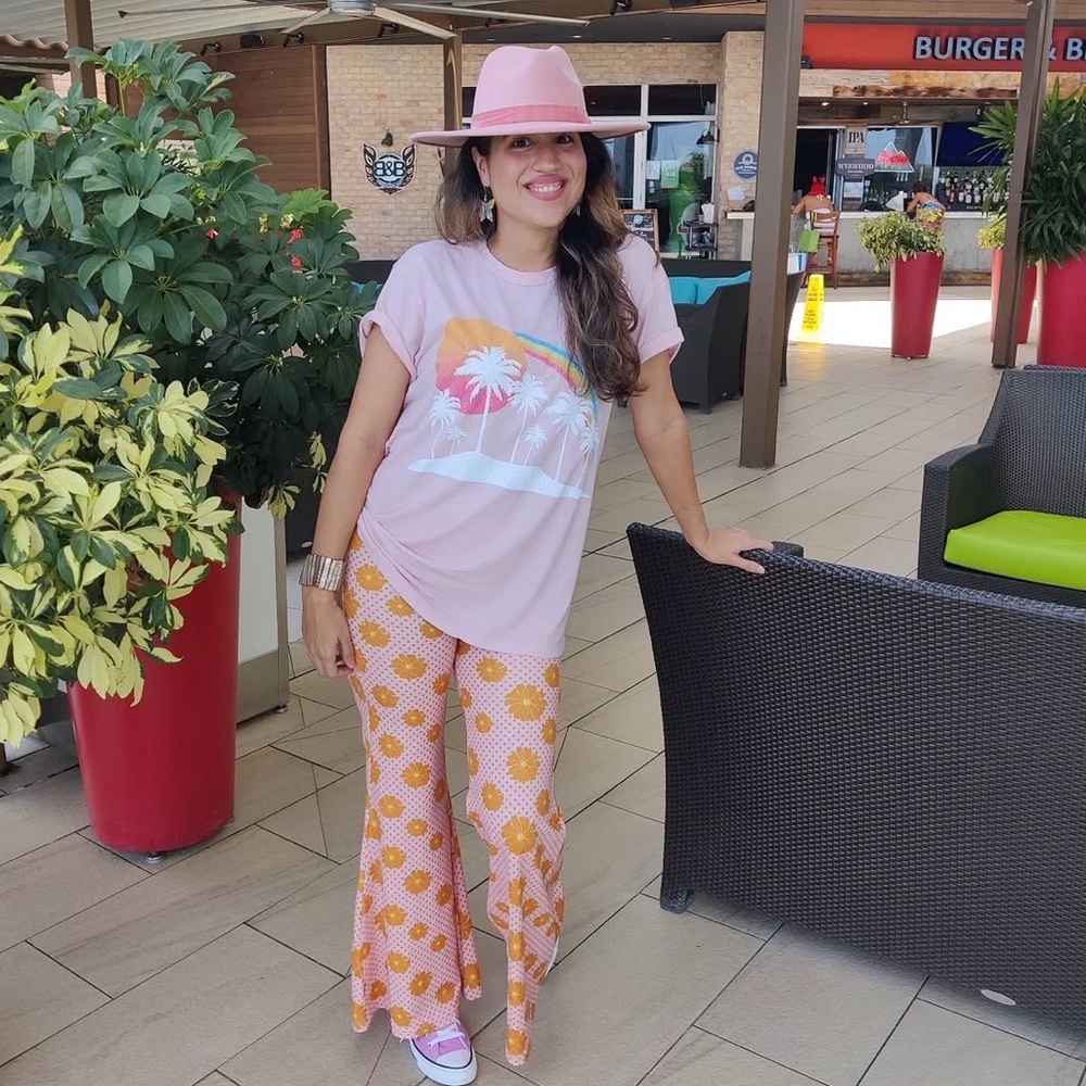 Pink floral bell bottom pants